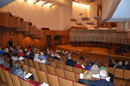 Friends, family and students gather in Comstock Concert Hall on the final night of New Music Festival to hear Cardinal Singers and the University Collegiate Chorale.