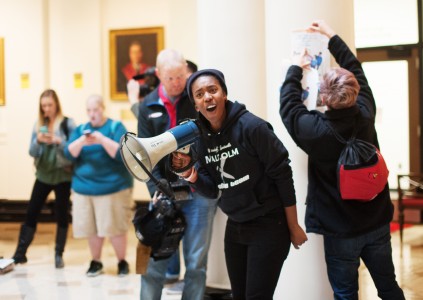 Students rallied against Ramsey inside Grawemeyer Hall on Friday, Oct. 30
