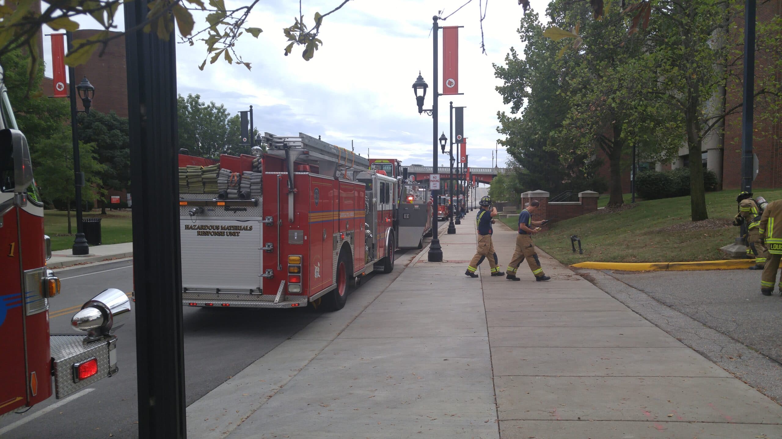 Fire trucks near chemical building